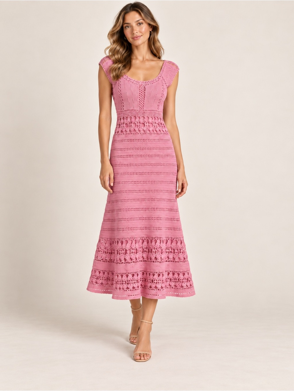 Beautiful Hugo Buscati Pink Crochet Maxi Dress Size S